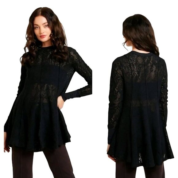 Free People Coffee In The morning Tunic Sweater Open Crochet Knit Black Size M - Picture 1 of 8